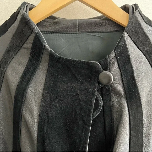 Vera Pelle Black Vintage Italian Leather & Suede Paneled Swing Coat Large
